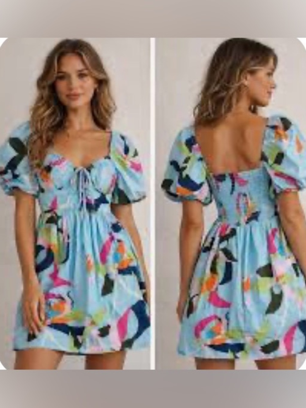 a new day Light Blue Puff-Sleeve Mini Dress with Multicolor Abstract Print XL